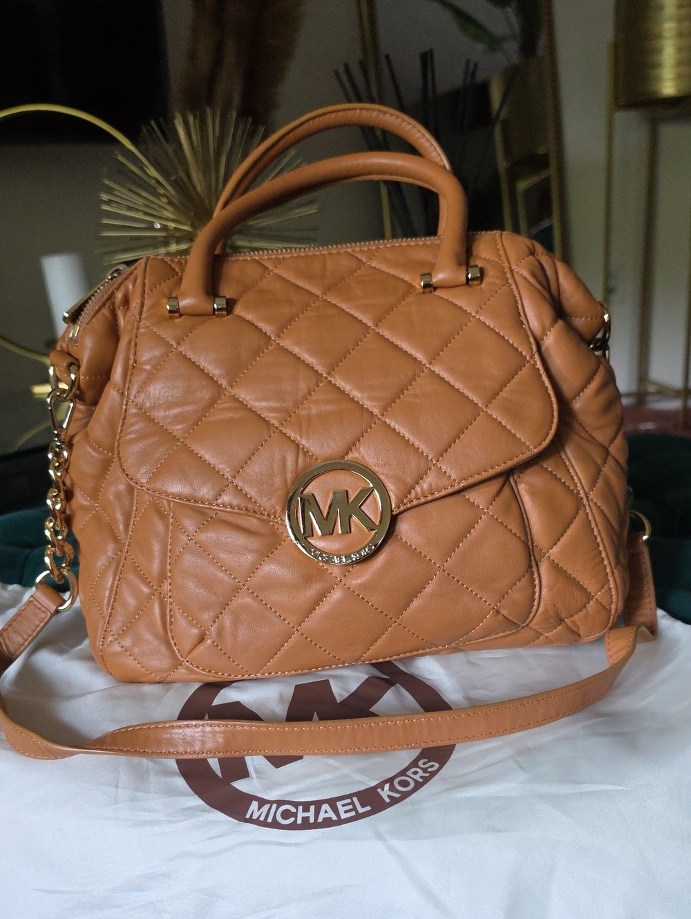 Michael Kors Quilted Satchel in Cognac Tan with Gold Hardware.